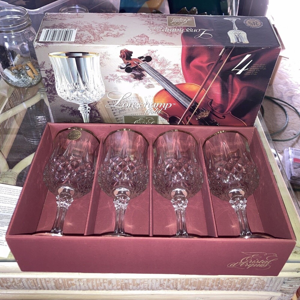 CRISTAL D'ARQUES LONGCHAMP CRYSTAL WINE GLASSES GOLD TRIM 7 1/2 oz.